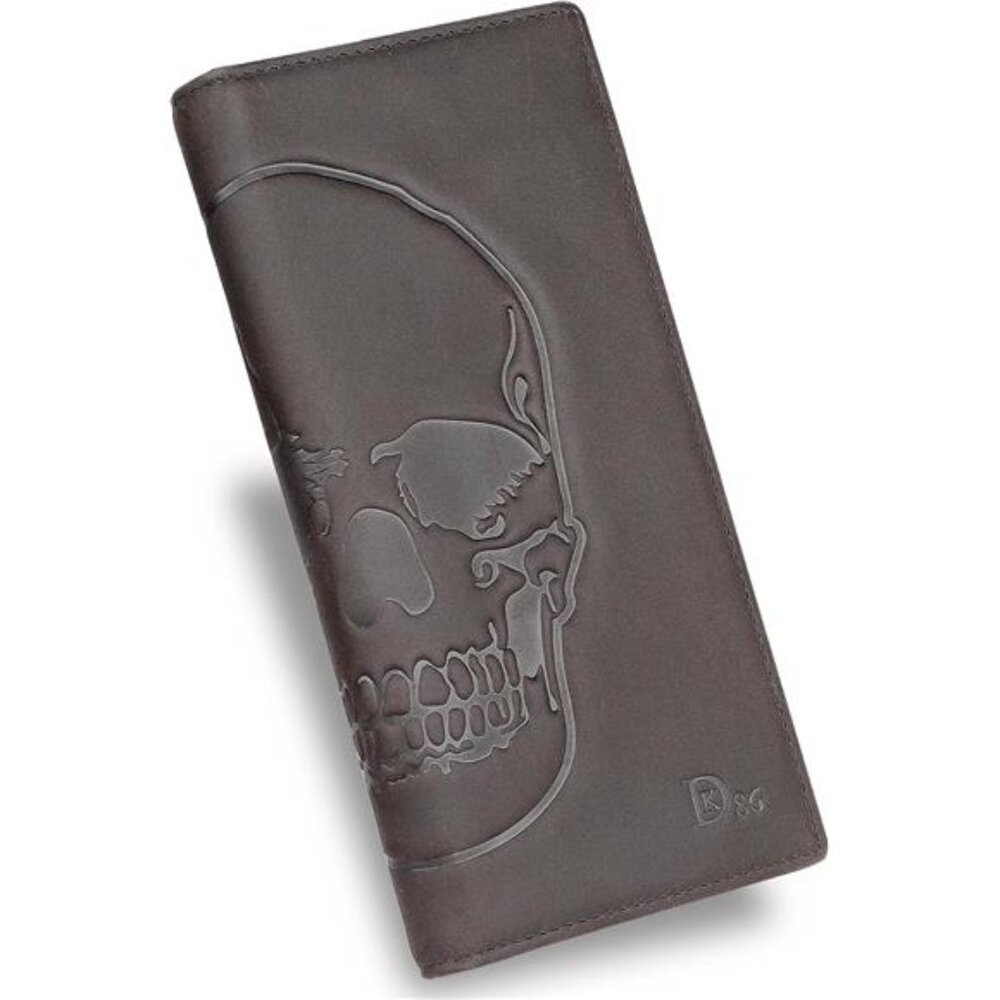 Skull Long Wallet For Men Full Grain Leather Rfid Blocking Rodeo Wallet Bifold